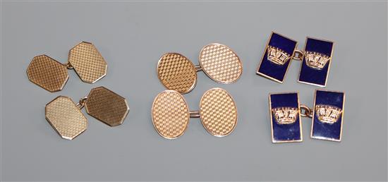 Three pairs of assorted cufflinks including two 9ct gold pairs and a pair of 9ct and blue enamel with coronet.